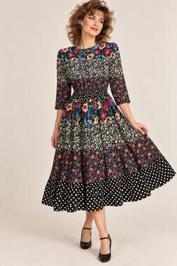 Vintage 80s Sabino Dress Size 10 Mixed Floral Polka Dot Patchwork Midi Boho USA